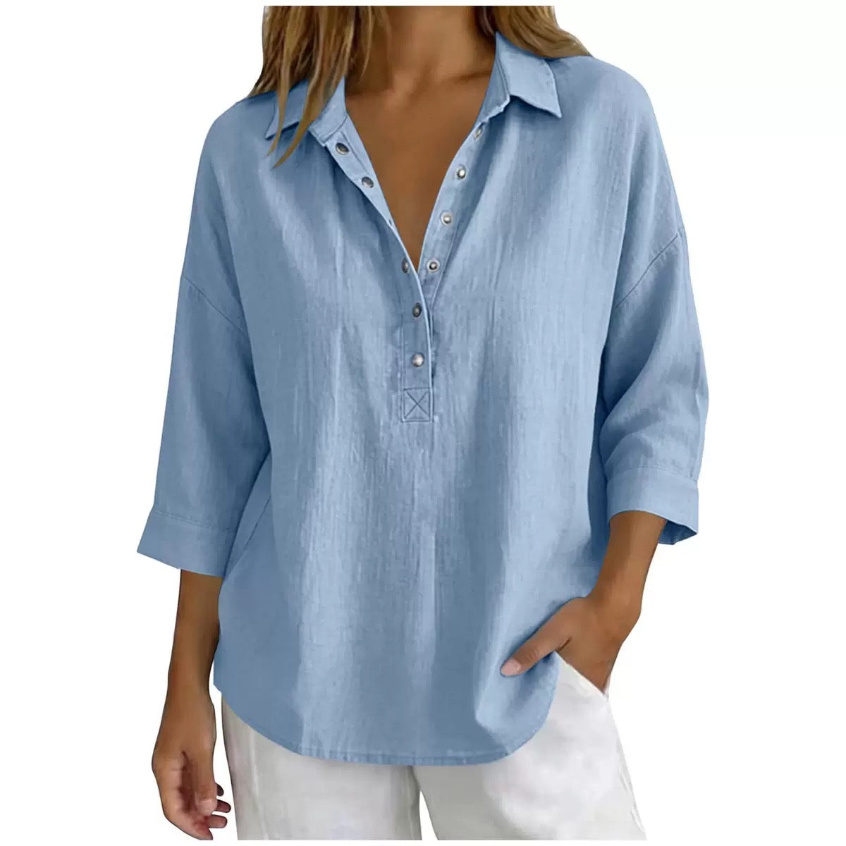 New Arrival🔥 Women's Casual Linen Blend Henley 3/4 Sleeve Shirt