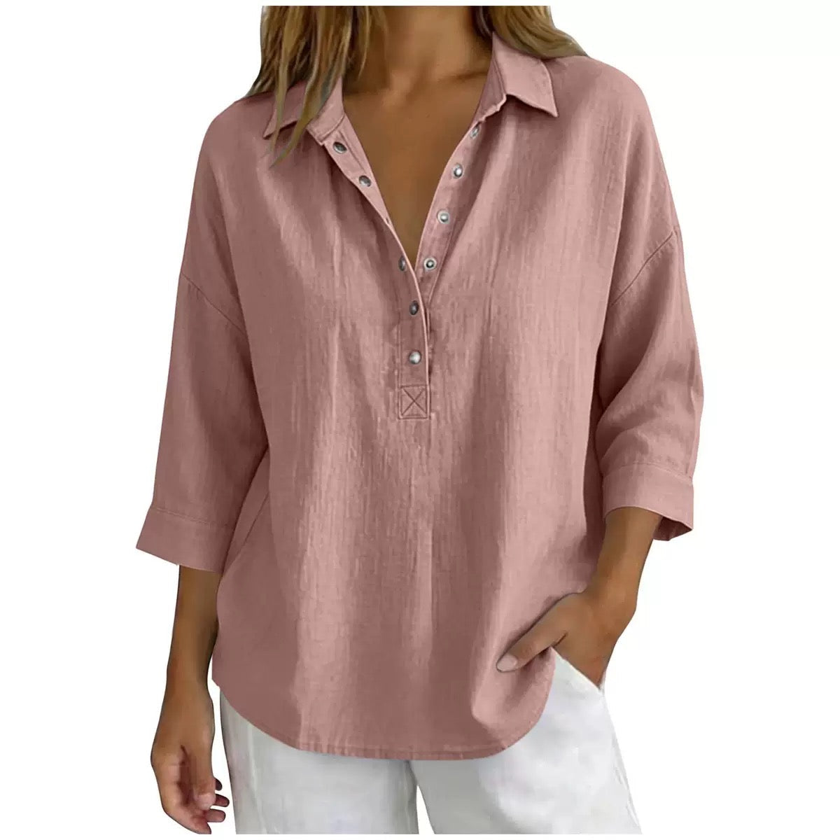 New Arrival🔥 Women's Casual Linen Blend Henley 3/4 Sleeve Shirt